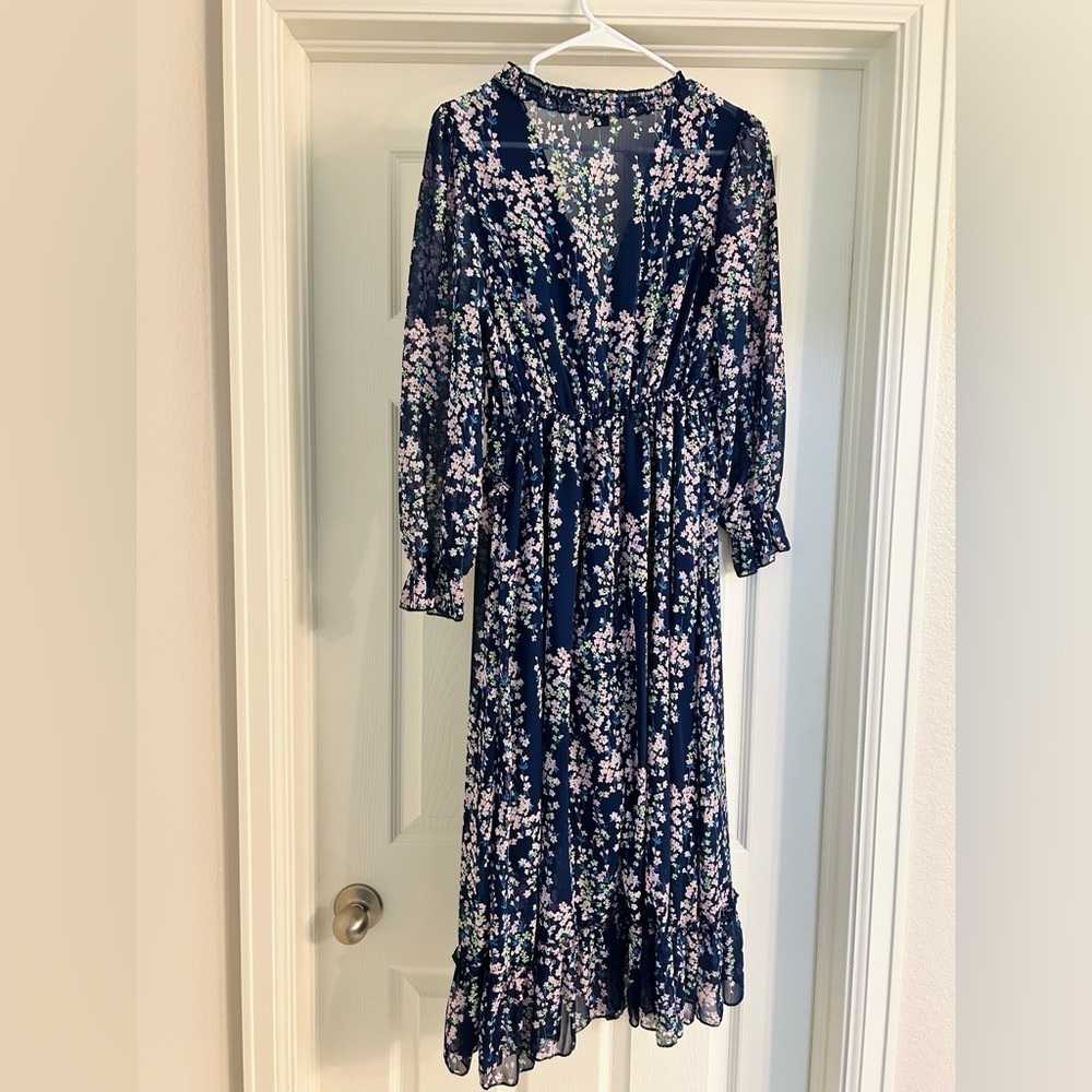 Navy Floral Midi Dress Size Small Long Sleeve Lined Elegant Dress NWOT - Picture 3 of 4